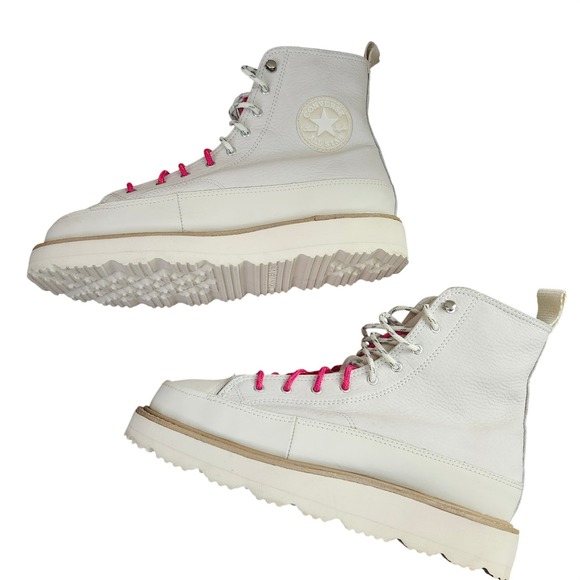 Converse CTAS Lugged Winter White Leather Platform Shoes Hot Pink Laces Size 8 - Picture 10 of 11